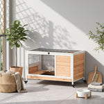 Clapier lapin intérieur clapier pour cochon d'inde en bois avec toit ouvrant et roulettes 90 x 53 x 59 cm jaune et blanc