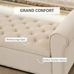 Banc de rangement bout de lit avec accoudoirs, tissu effet velours rembourré et capitonné, 126 x 48,5 x 57 cm, beige