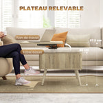 Table basse relevable, table de salon avec 2 compartiments cachés et pieds en pin, 91 x 56 x 43 cm, chêne