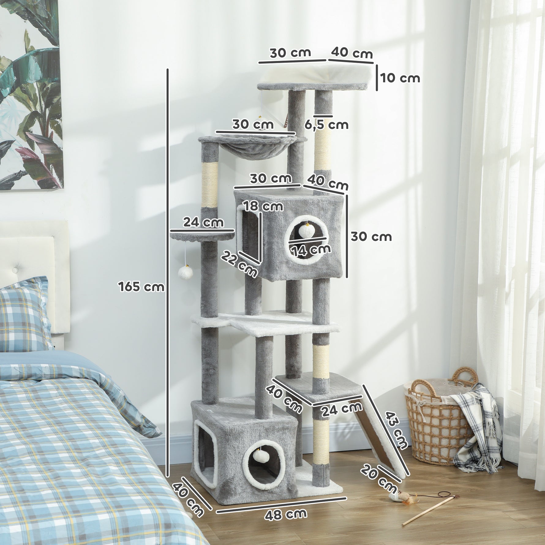 Arbre à chat tour de jeux pour chats centre d'activités 2 niches plateformes hamac échelle et 4 pompons 165 cm gris