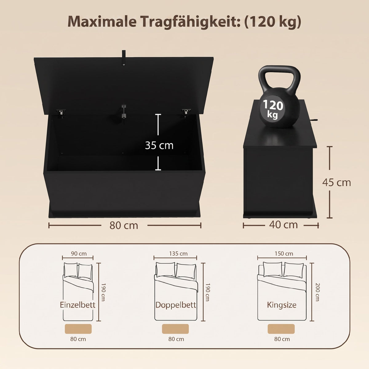 Coffre de Rangement, Banc de Rangement avec Couvercle Rabattable et Charnières de Sécurité, 80 x 40 x 45 cm, Noir