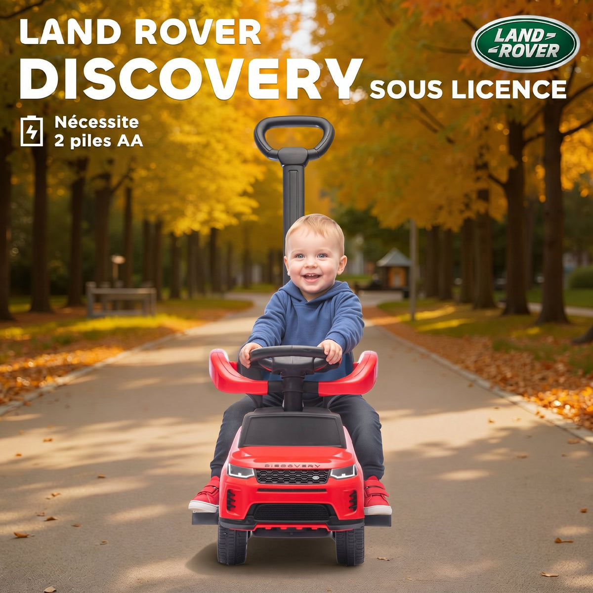 Porteur enfants Land Rover Discovery sous licence, porteur voiture à pousser avec poignée amovible, 84x40x94,5cm, rouge