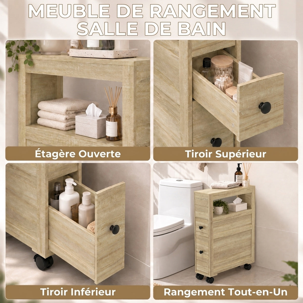 Badezimmer-Aufbewahrungsmöbel auf Rollen WC-Schrank Toilettenregal offenes Regal 2 Schubladen 16 x 52 x 71,5 cm Eiche