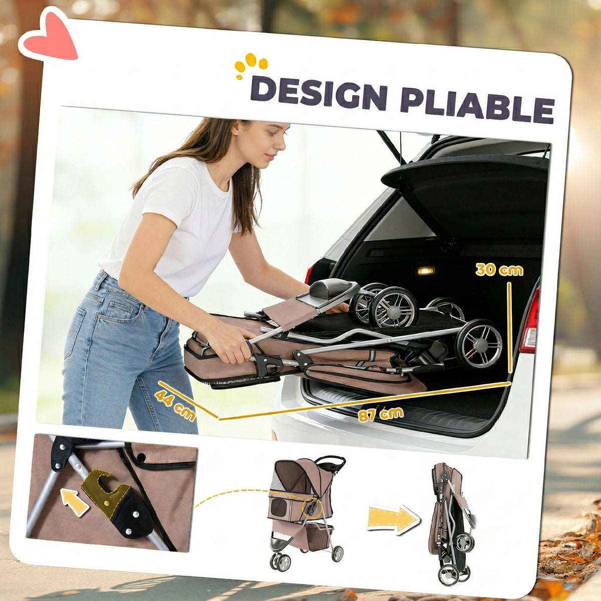 Poussette pour Chien 4 Roues, Chariot Pliable avec Auvent Réglable, Panier de Rangement, 77x44x102cm, Café
