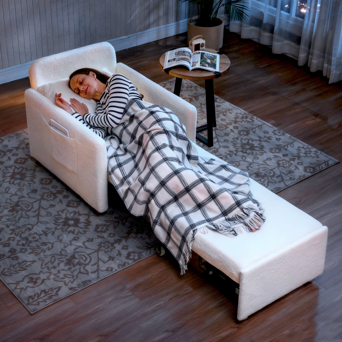 Fauteuil convertible 1 place, fauteuil-lit avec rangement caché, assise large et rembourrée, 72 x 85,5 x 91 cm, crème