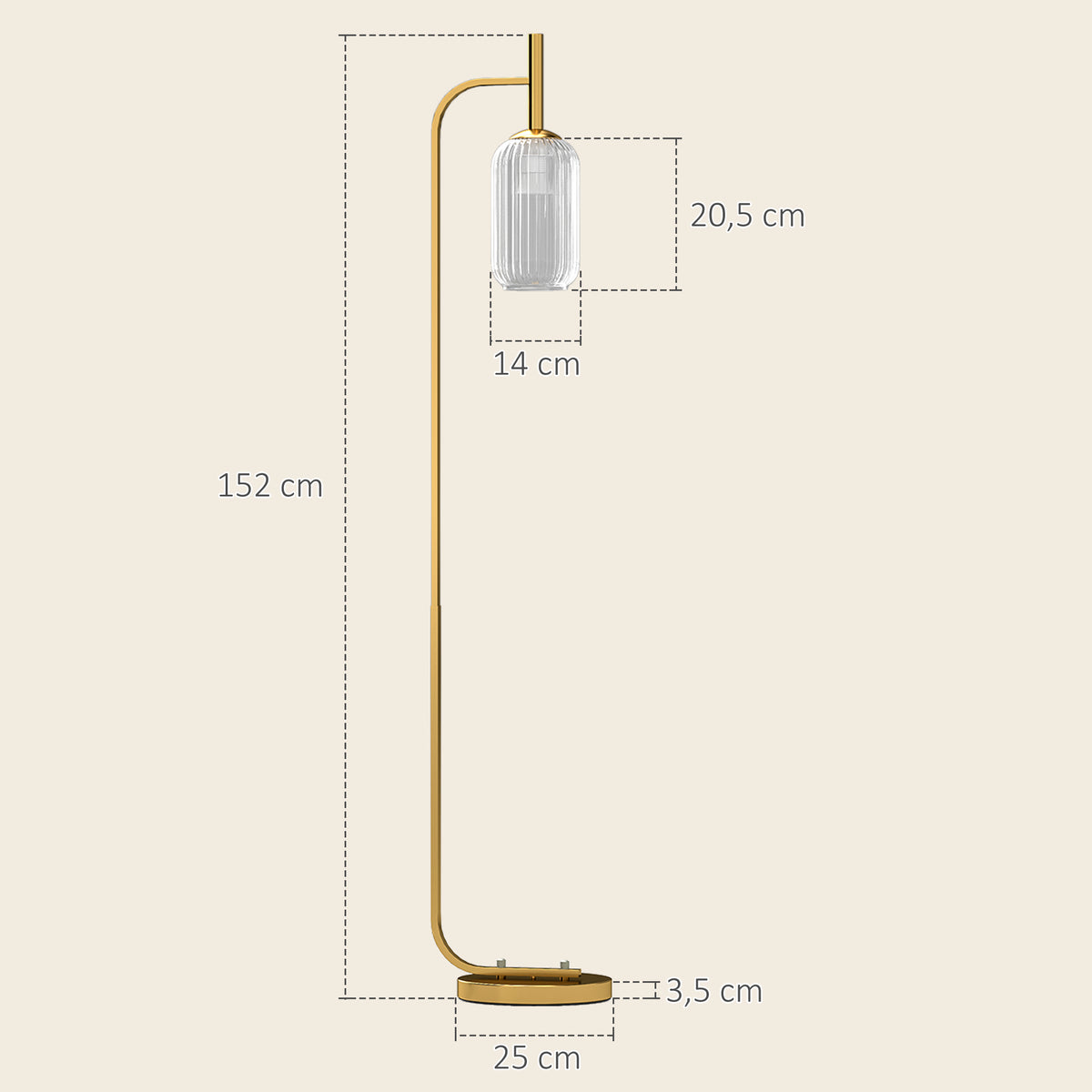 Lampadaire sur pied salon lampe sur pied avec abat-jour en verre texturé interrupteur à pied 29 x 25 x 152 cm métal or