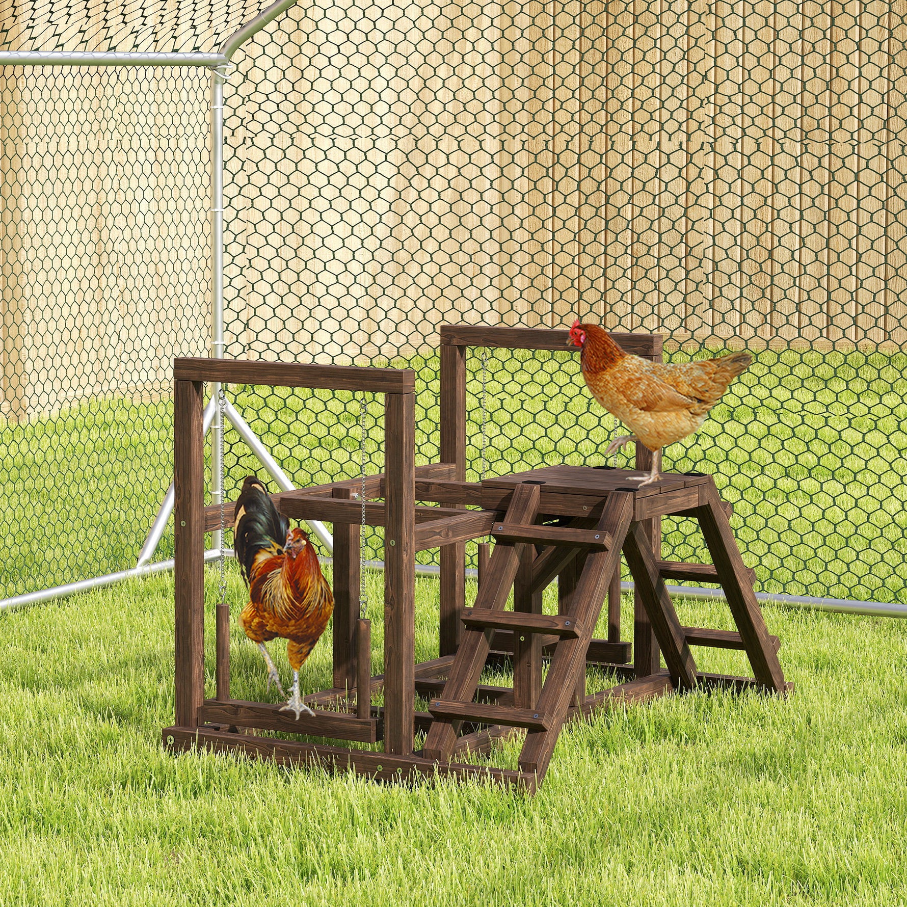 Aire de jeux en bois, Perchoir en bois pour poule, avec balançoire, échelle, plateformes, 82 x 60 x 55 cm, marron