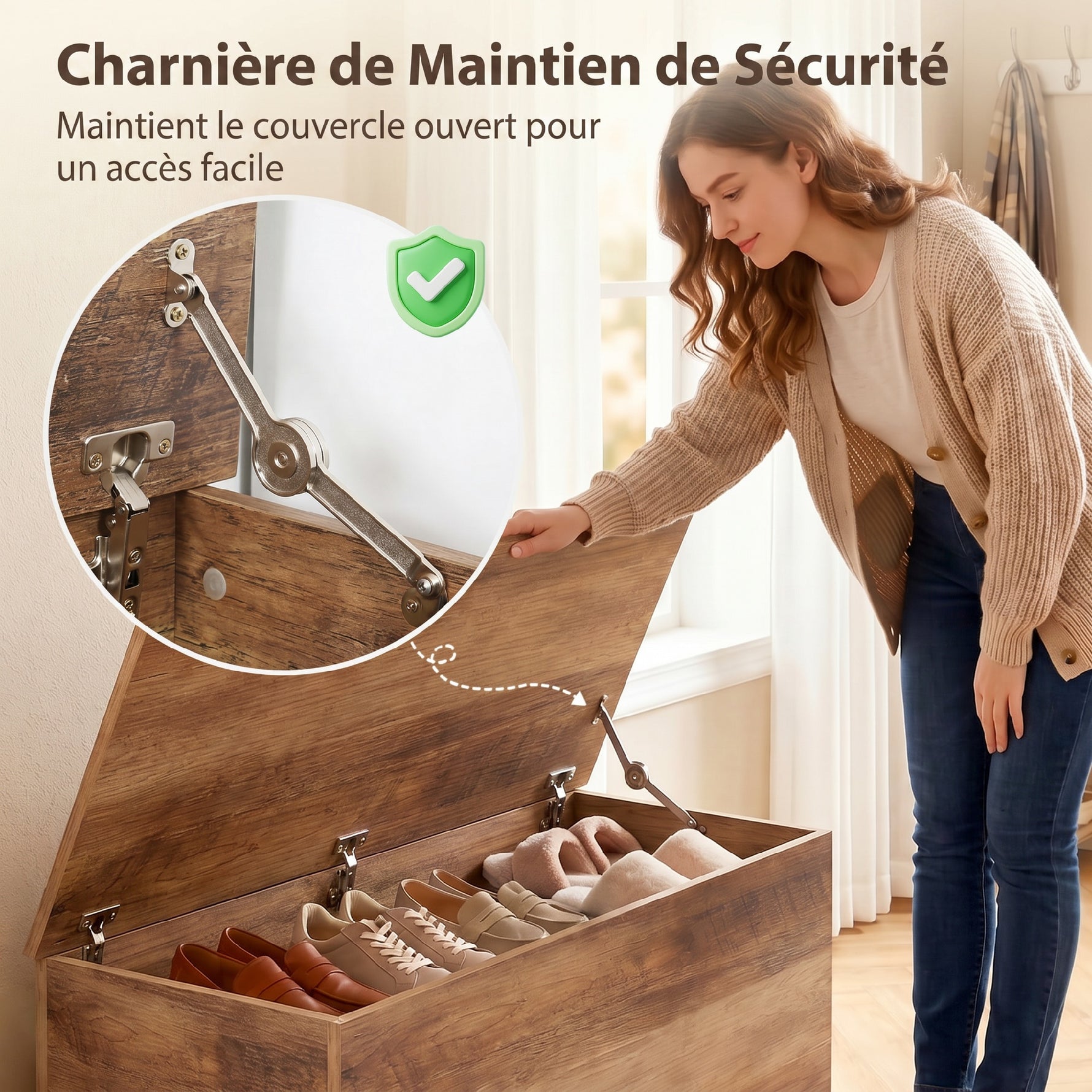 Coffre de rangement, banc de rangement avec couvercle rabattable et charnières de sécurité, 100 x 40 x 40 cm, marron
