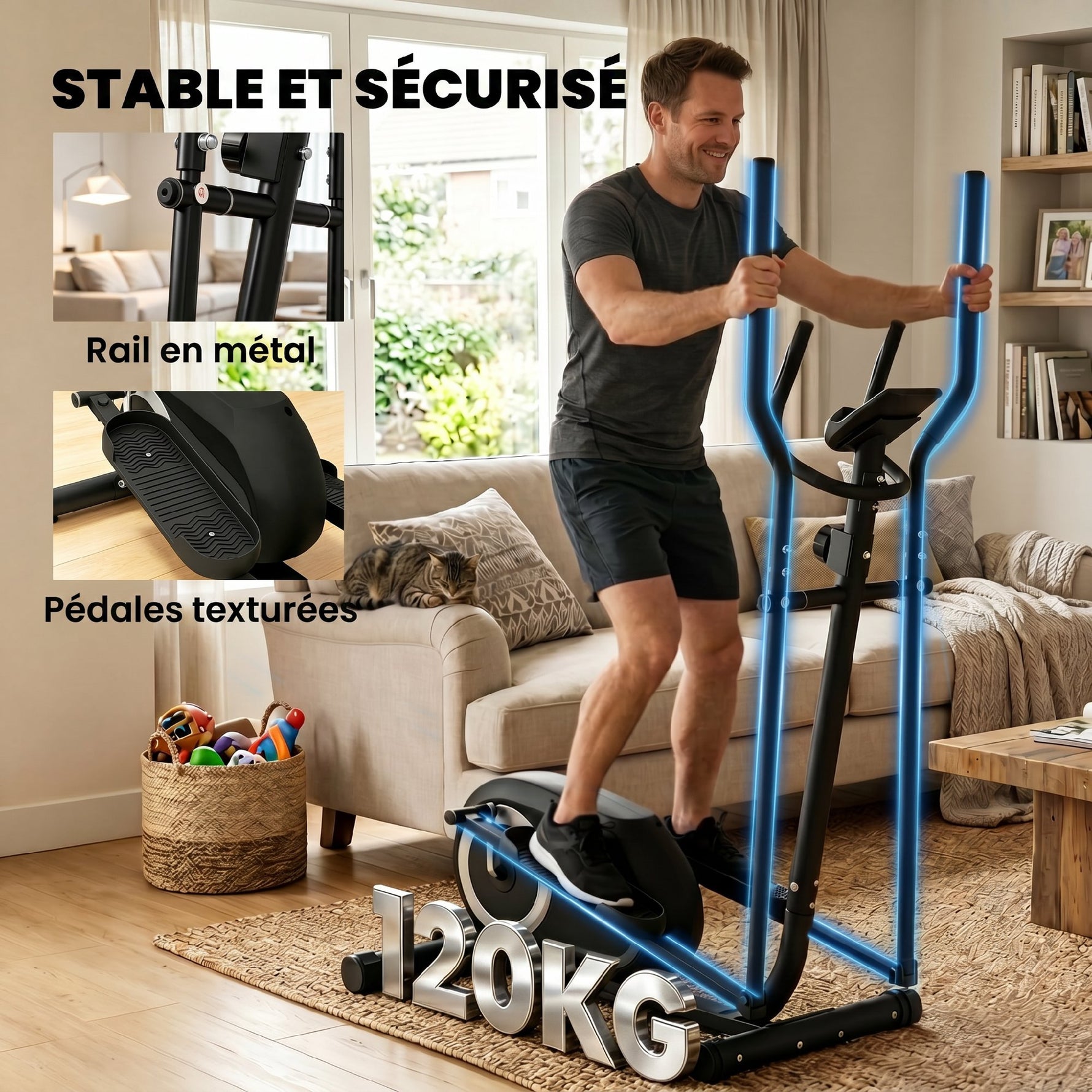 Vélo Elliptique, Écran LCD, Résistance 8 Niveaux, Capteur Pouls, Bluetooth, Support pour Téléphone, 100x52x153cm, Gris