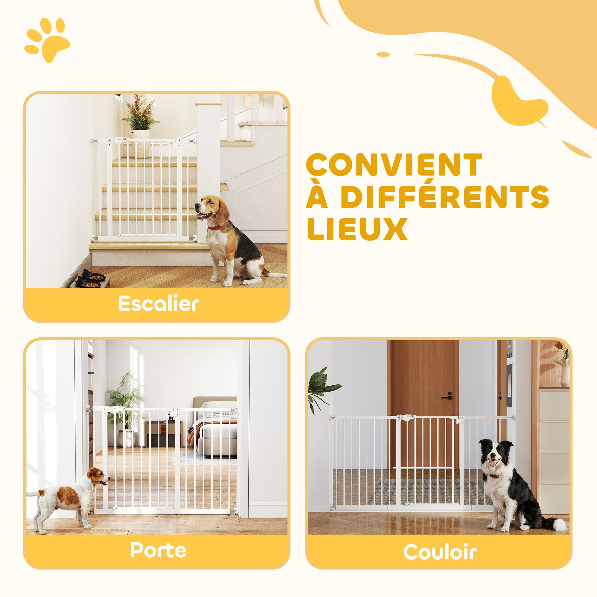 Barrière de sécurité animaux porte fermeture automatique système de double verrouillage sans perçage 3 extensions blanc