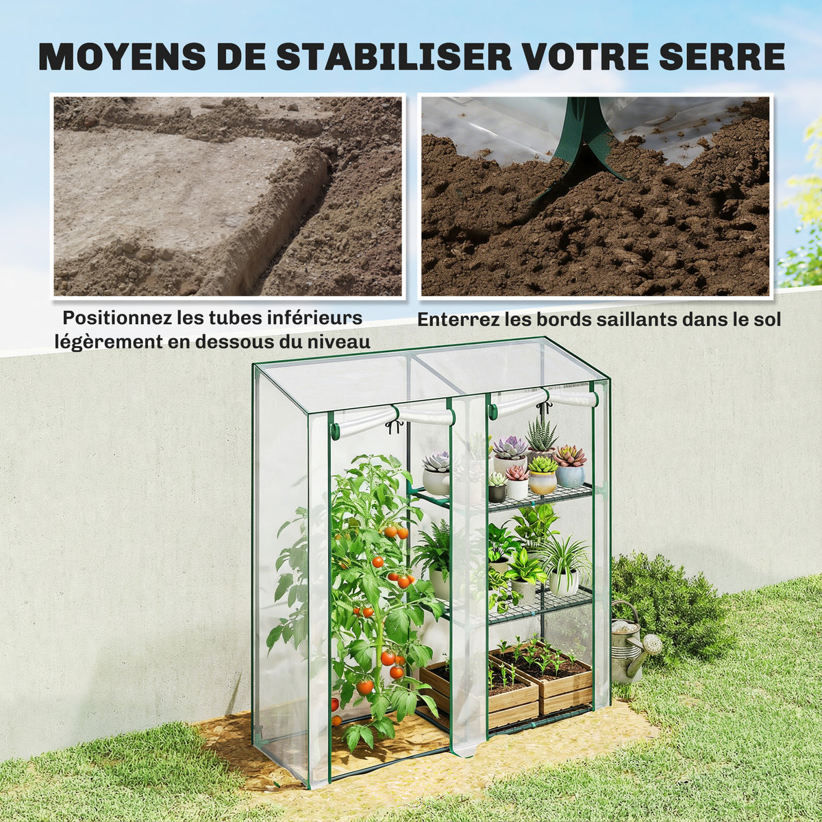 Serra da giardino con 3 ripiani, piccola serra con copertura in PVC e telaio in acciaio, 2 porte avvolgibili, trasparente