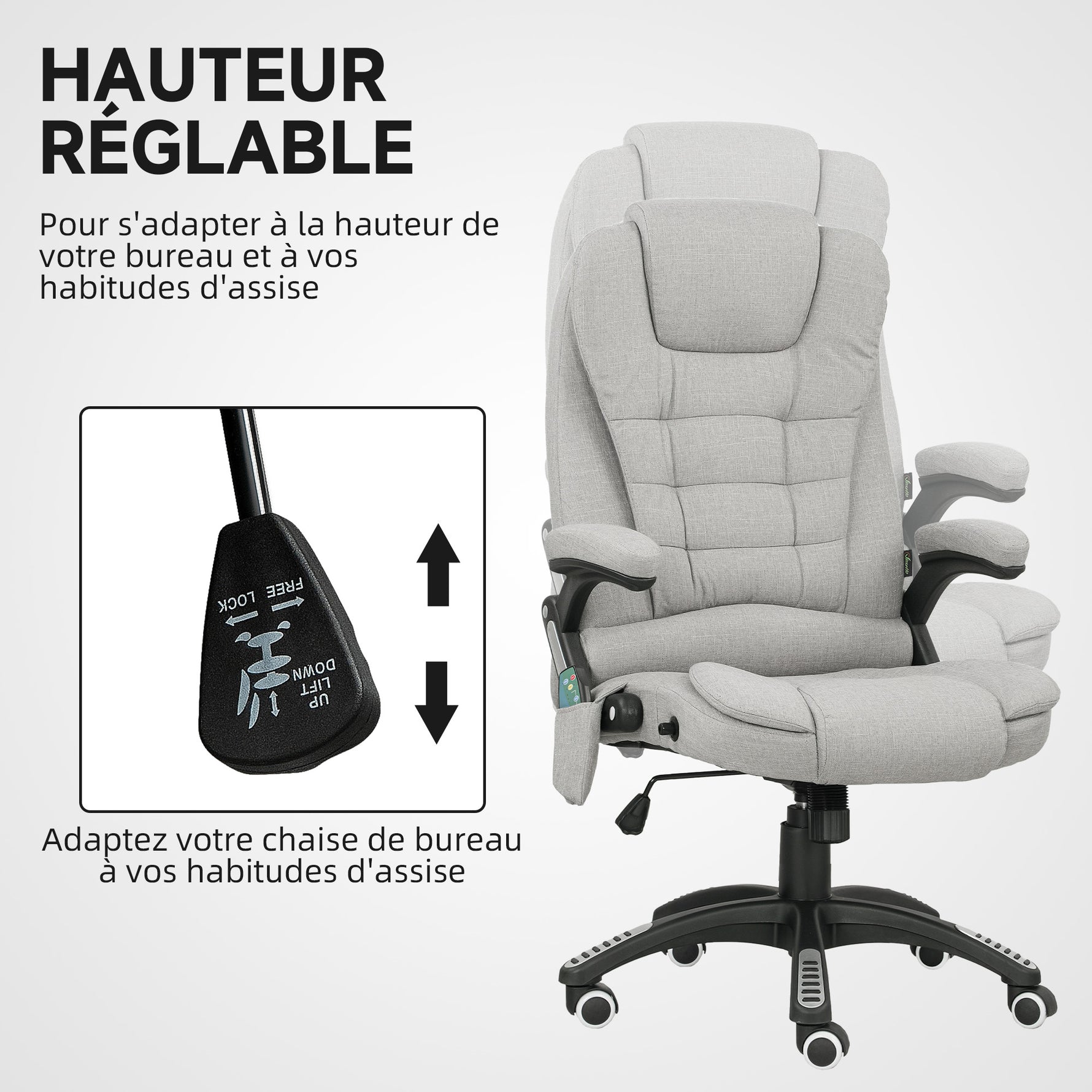 Fauteuil de bureau massant et chauffant chaise de bureau avec hauteur réglable dossier inclinable et télécommande gris