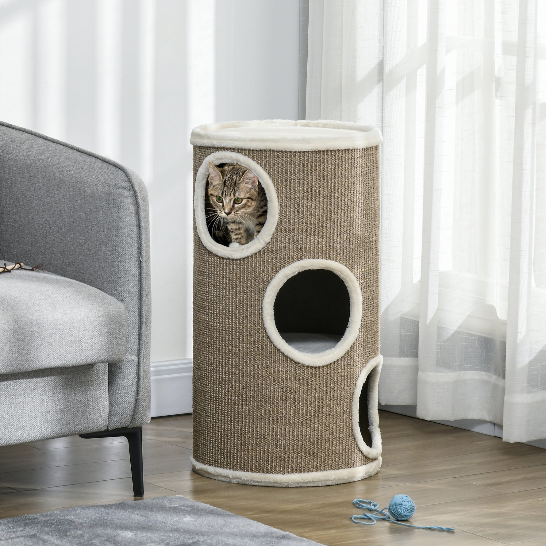 Tonneau à Gratter pour Chat, Tour à Griffer en Sisal à 3 Niveaux Recouvert de Peluche, Ø 38 x 70 cm, Marron