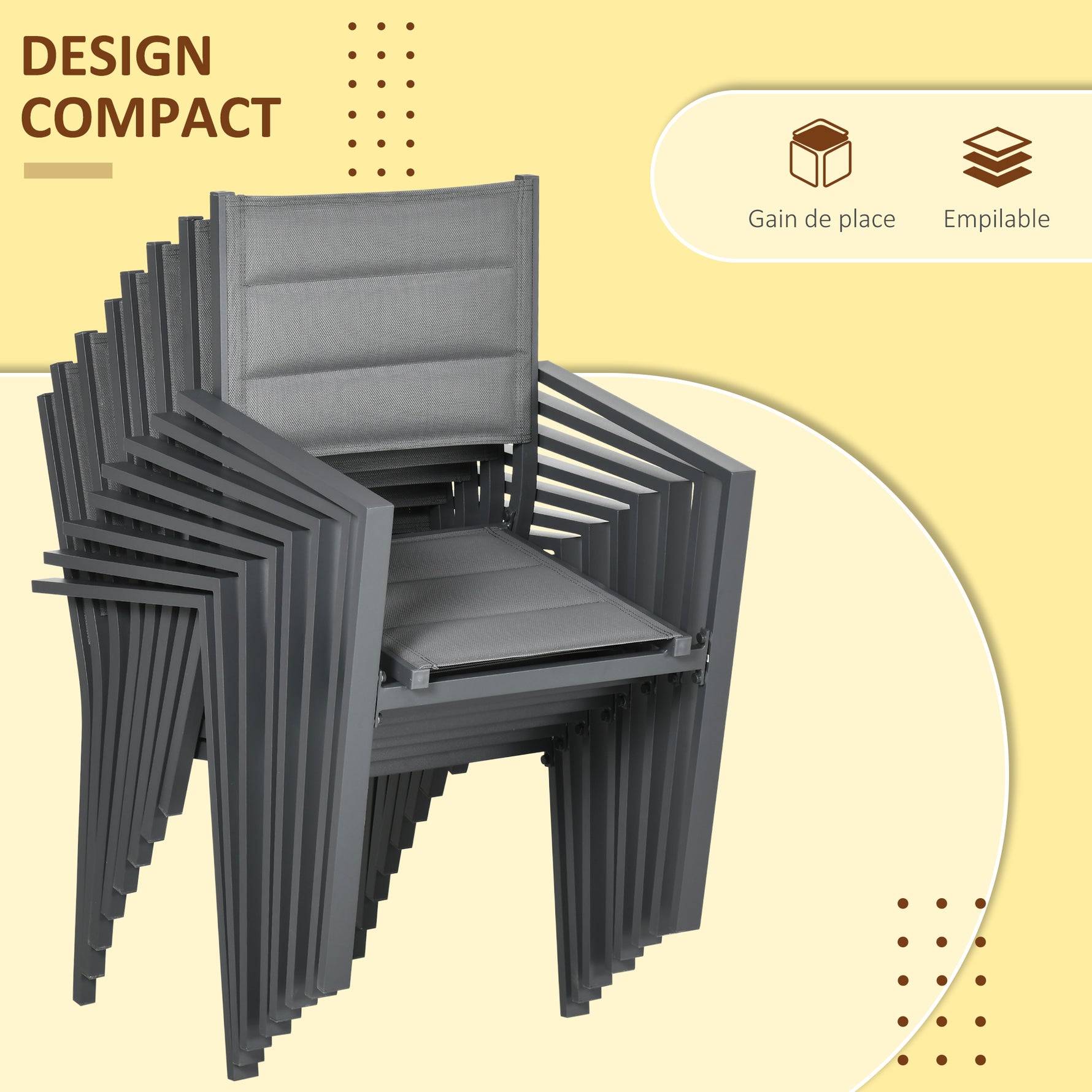 Salon de jardin table extensible 135-270 cm en aluminium et textilène 6/10 personnes 8 chaises empilables gris