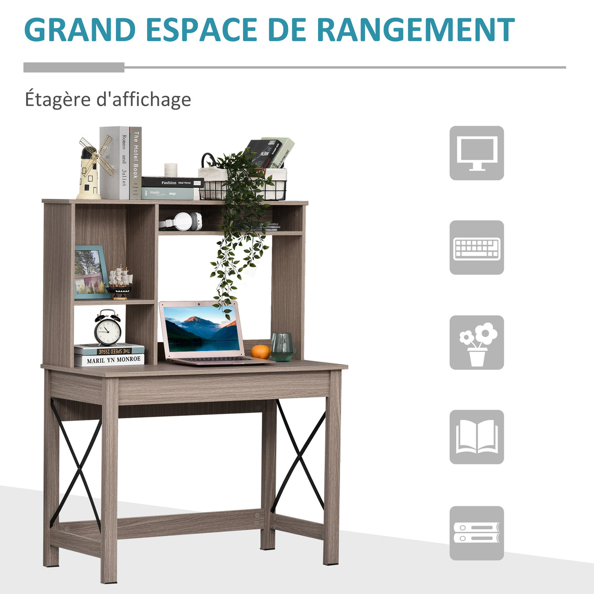 Bureau avec rangement bibliothèque en bois moderne avec étagères et grand plateau pour petits espaces maison