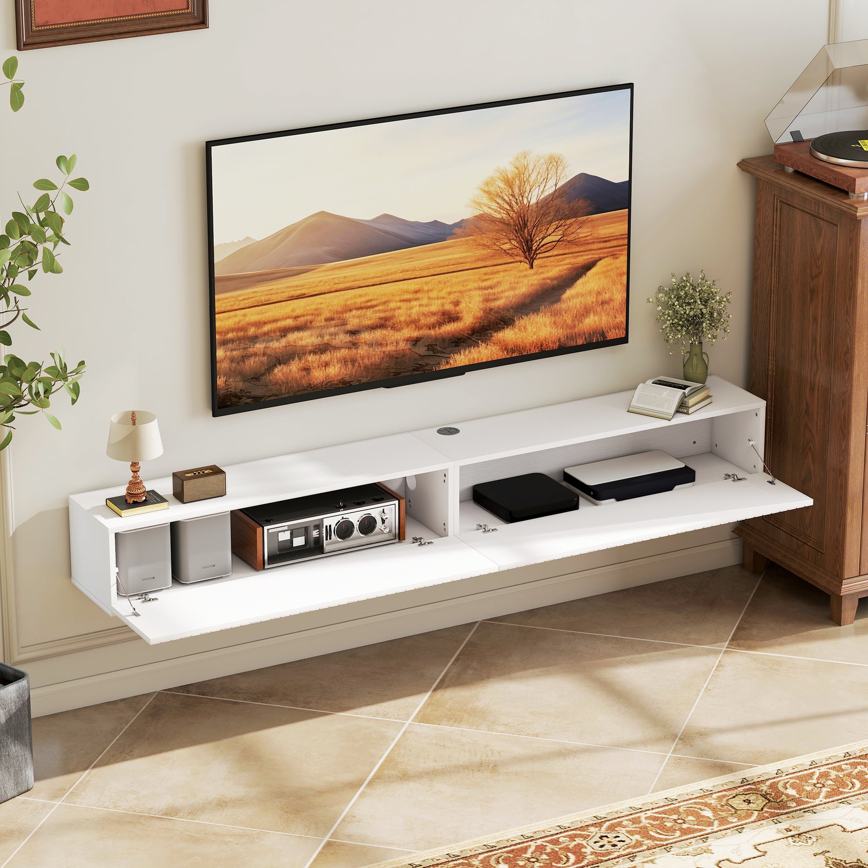 Meuble TV suspendu 180cm, meuble télé pour téléviseur 72 pouces, 2 portes rabattables, 180x25x22cm, blanc