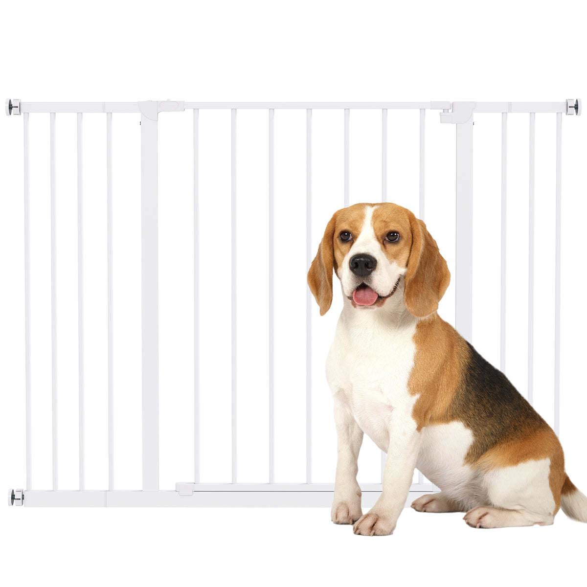Adjustable Dog Safety Gate 76-107 cm, with 2 Extensions (10/15 cm), One-Handed Opening, No Drilling Required, White