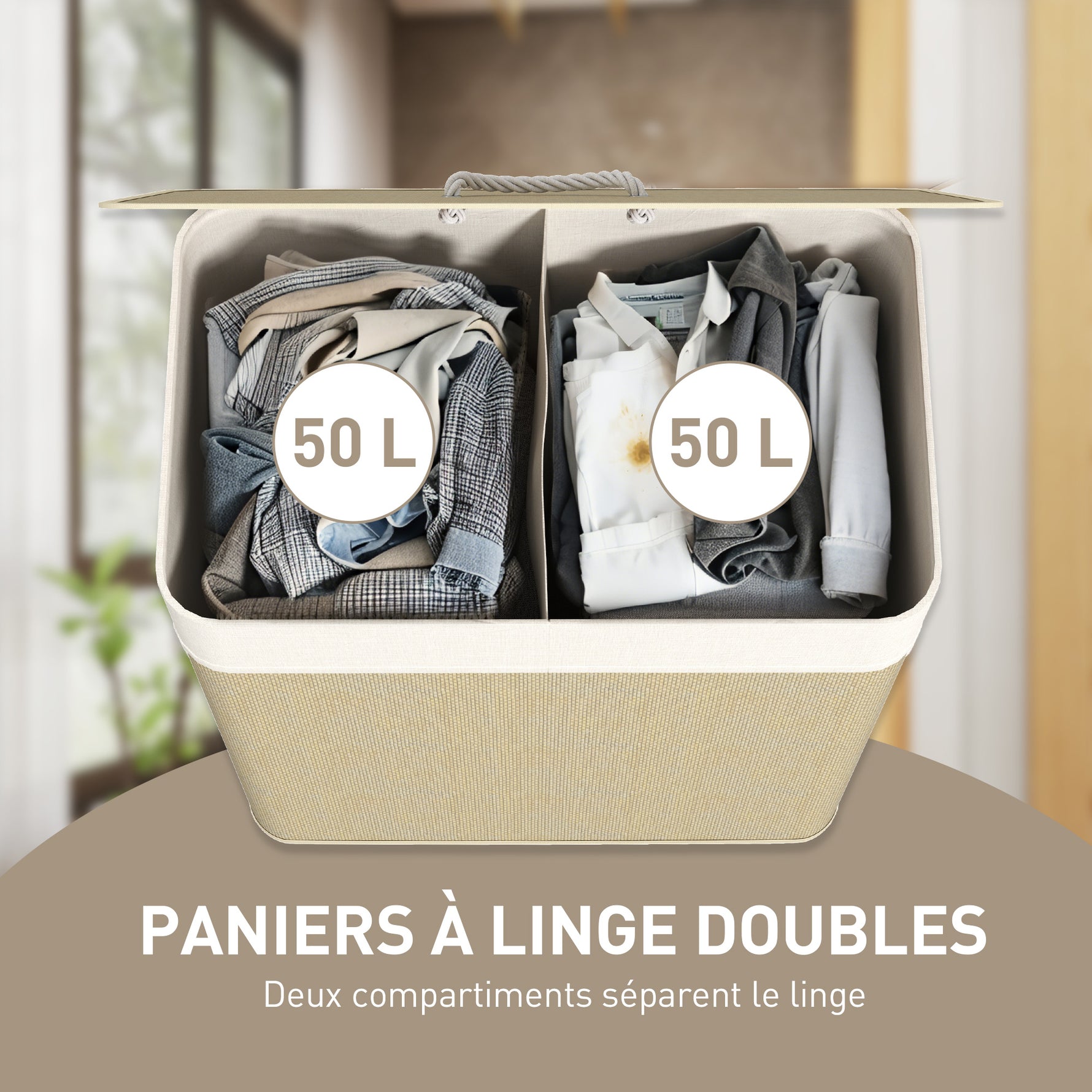 Panier à linge double avec couvercle, panier à linge en bambou 100 L avec poignées en corde