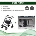 Déambulateur 4 roues - déambulateur pliable léger - assise + dossier rembourré - poignées ergonomiques, freins à main - panier rangement - cale-pied - métal noir
