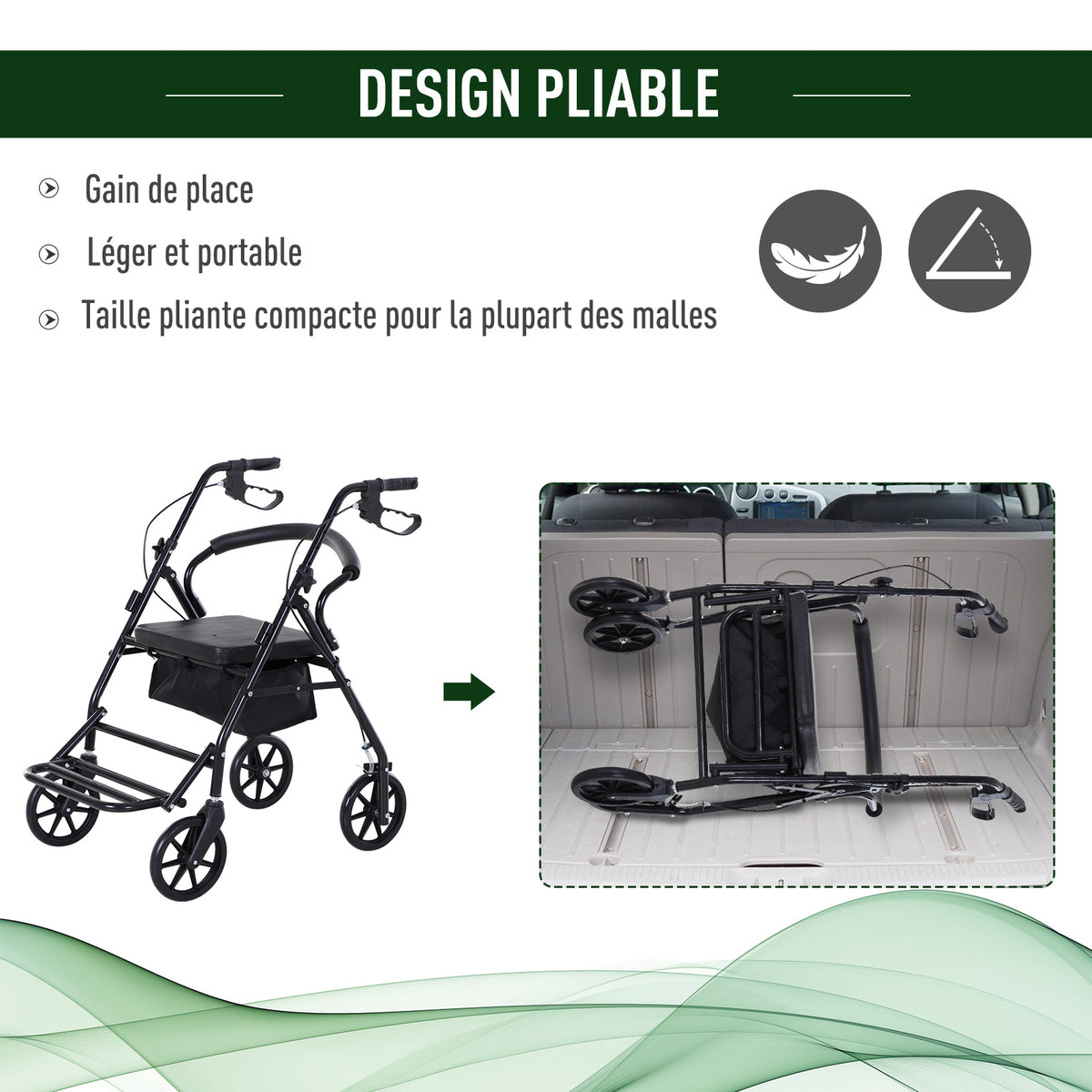 Déambulateur 4 roues - déambulateur pliable léger - assise + dossier rembourré - poignées ergonomiques, freins à main - panier rangement - cale-pied - métal noir