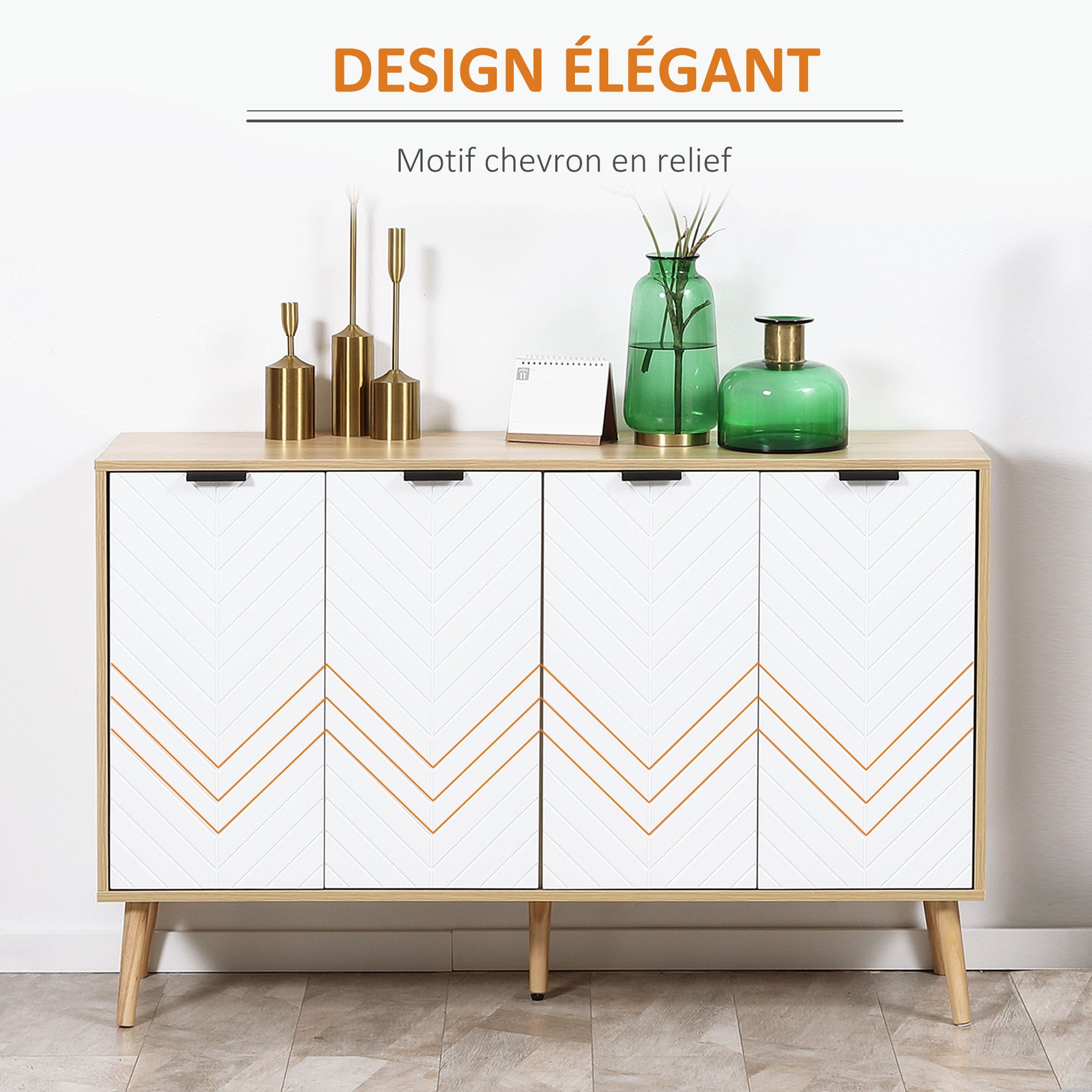 Buffet bas meuble de rangement 2 placards 4 portes motif chevrons étagères réglables 120 x 35 x 77,4 cm blanc