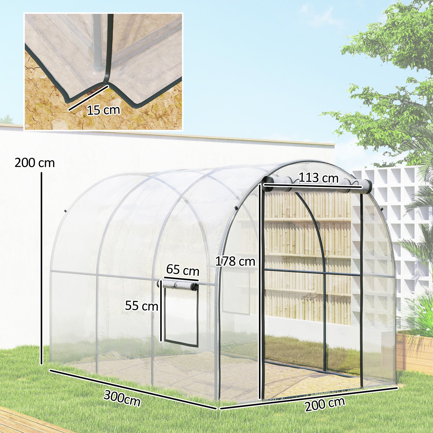 Serre de Jardin Tunnel 6 m² 3L x 2l x 2H m châssis Tubulaire renforcé Porte zippée 2 fenêtres enroulables - transparent