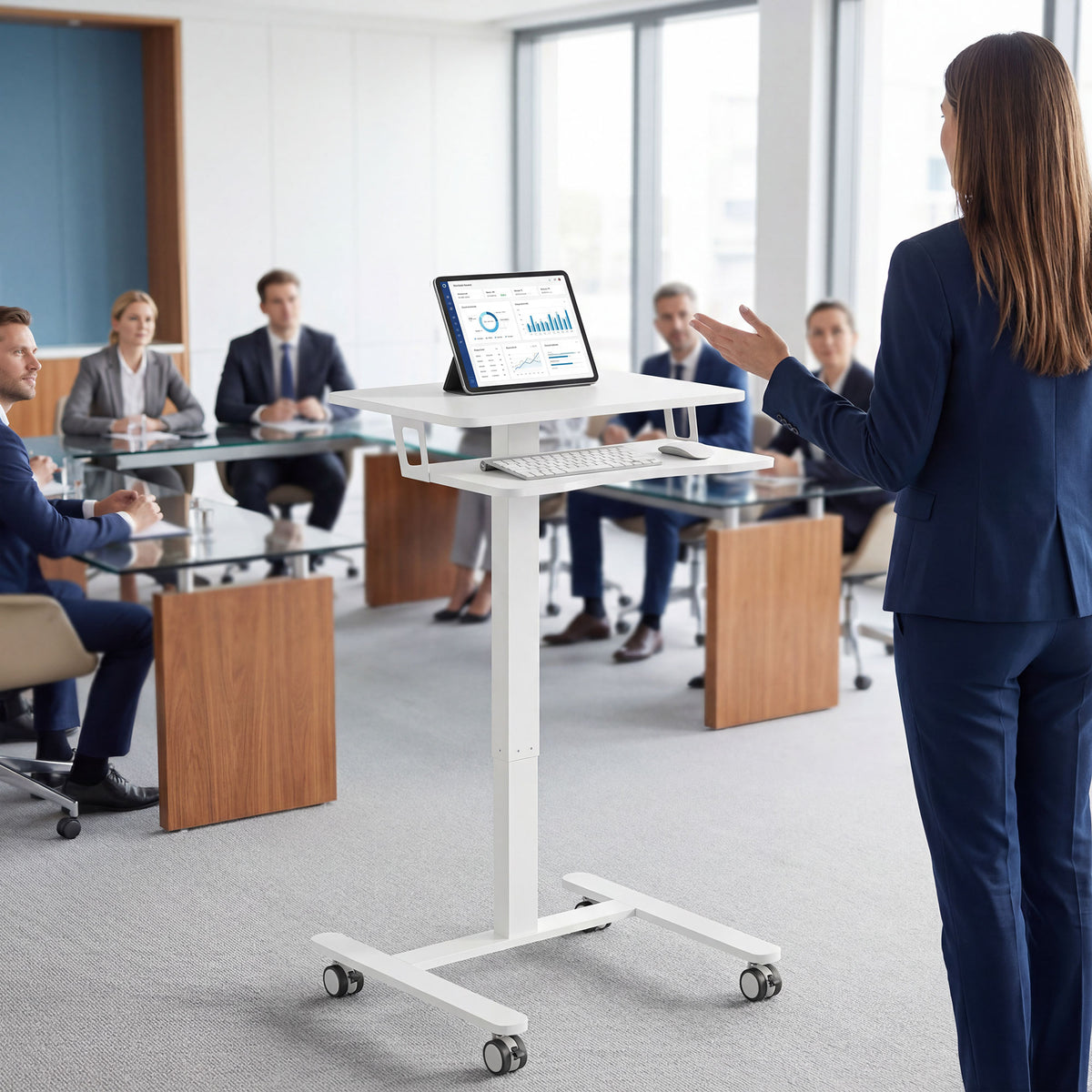 Bureau Assis-Debout Réglable en Hauteur, Bureau Mobile avec Plateau pour Clavier, Roulettes et Cadre en Acier, Blanc
