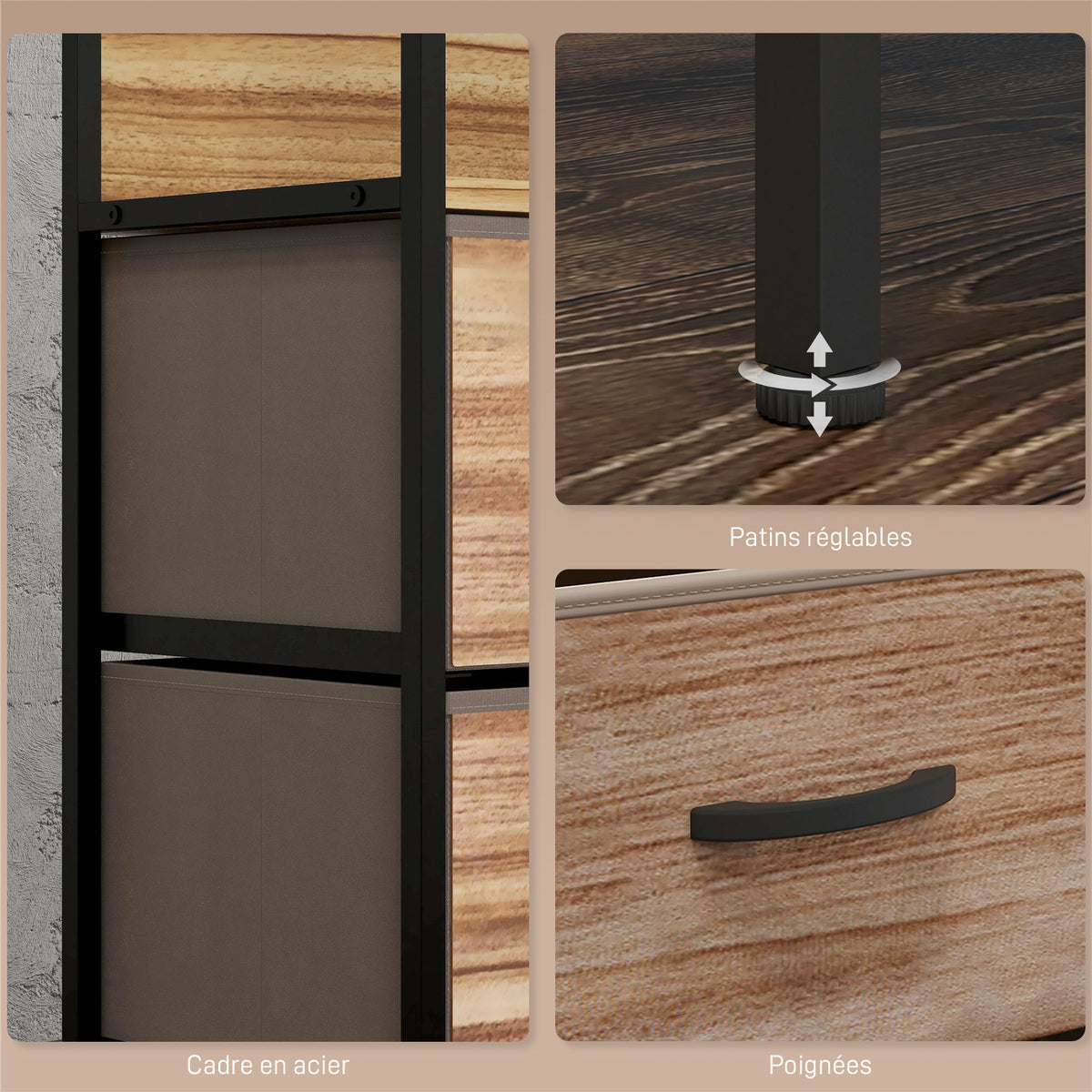 Cómoda de 7 cajones, mueble de almacenamiento con cajones de tela plegables - estructura de acero negro - 98 x 29 x 85 cm