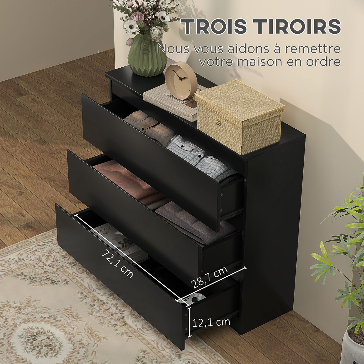 Commode 3 tiroirs, Meuble de rangement épuré pour chambre, intérieur, 80l x 39P x 73H cm
