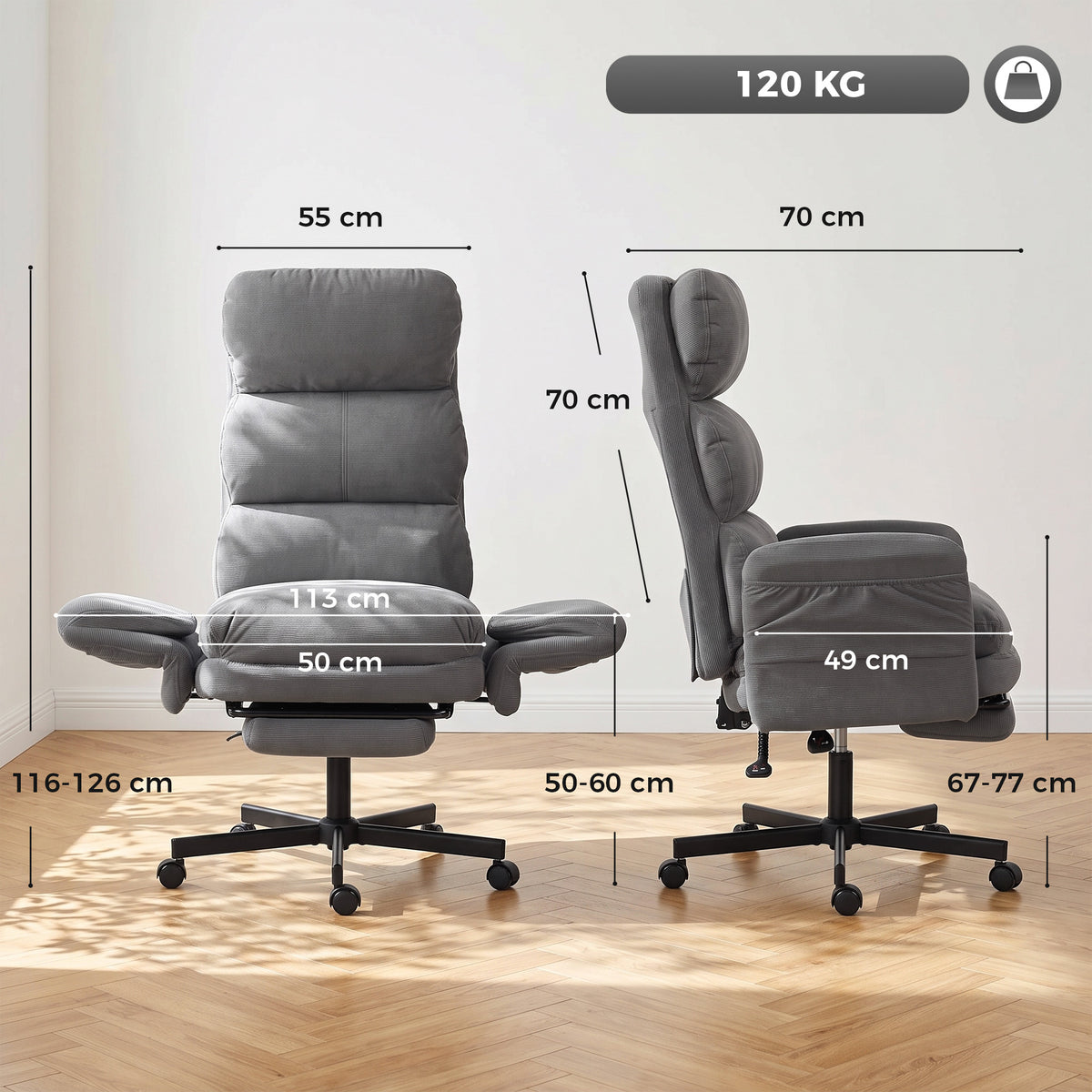 Ergonomische bureaustoel, opklapbare armleuningen, verstelbare hoofdsteun, kantelbare bureaustoel van corduroy, grijs