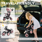 Tricycle bébé évolutif 6 en 1, tricycle enfant pliable avec poignée parentale réglable, siège pivotant 360°, rose