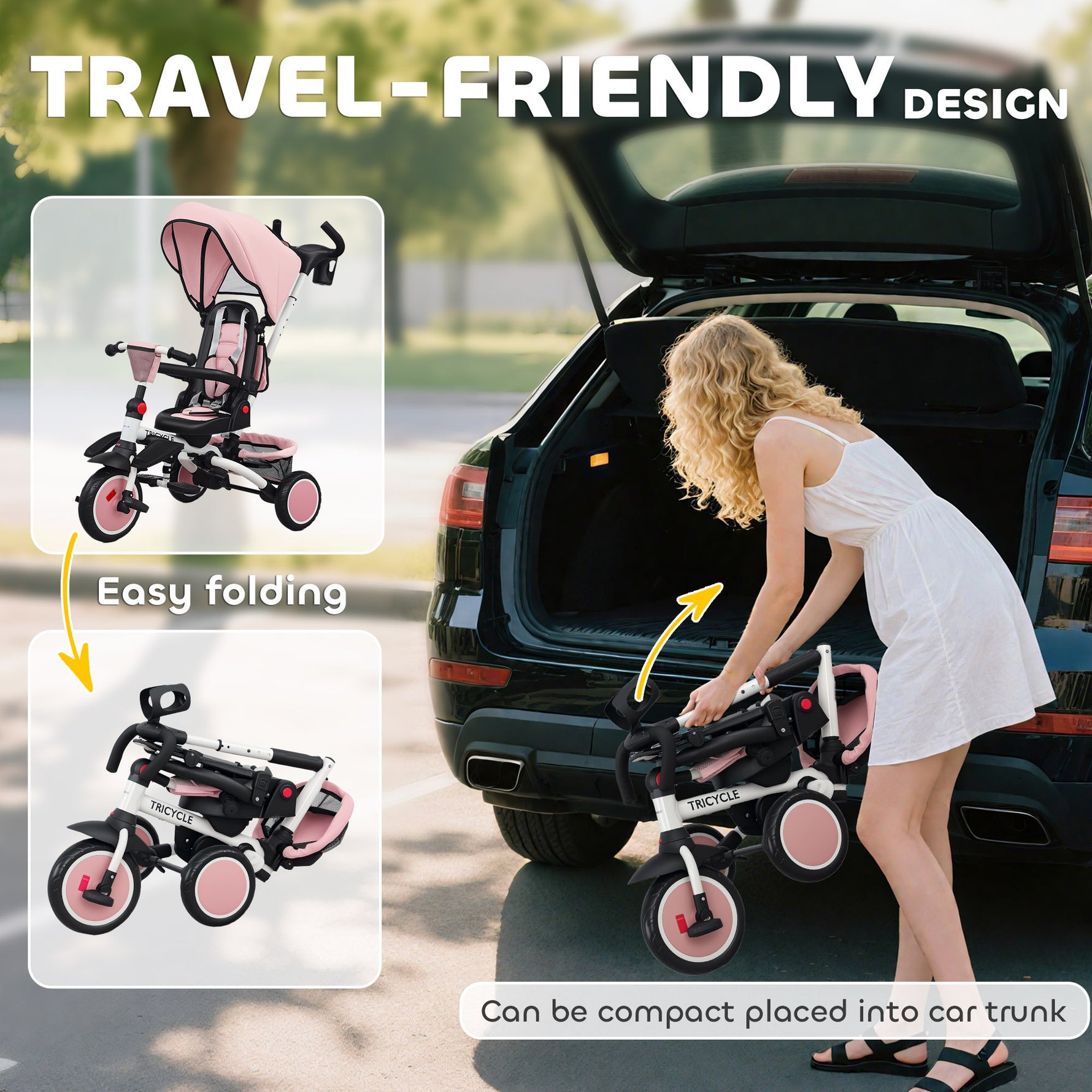 Tricycle bébé évolutif 6 en 1, tricycle enfant pliable avec poignée parentale réglable, siège pivotant 360°, rose