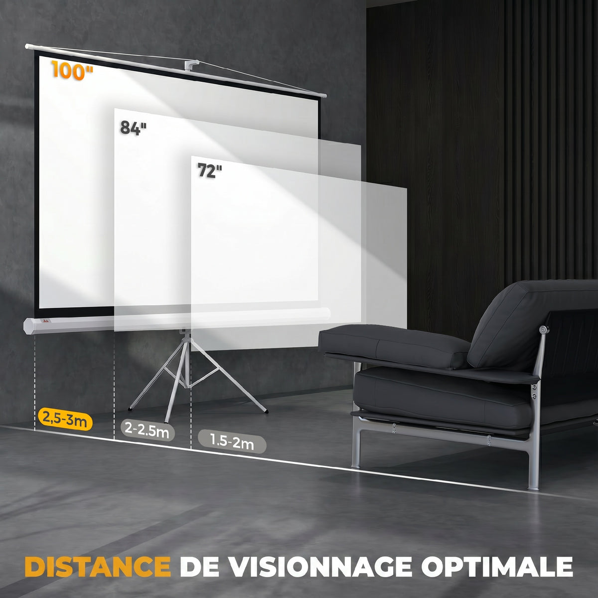 Écran de projection 100 pouces avec support trépied hauteur réglable, écran 4K HD 16:9