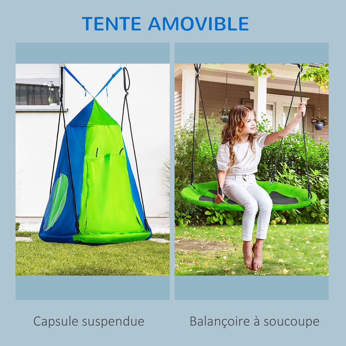 Balançoire nid d'oiseau Ronde avec Tente Amovible Ø 100 cm 4 Anneaux Inclus métal époxy Oxford Haute densité - Vert et Bleu