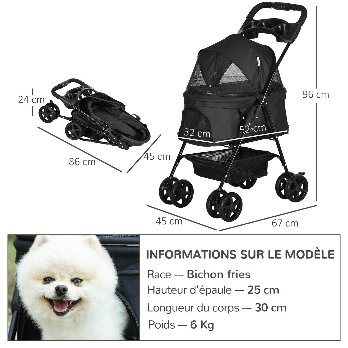 Poussette Buggy Pliable Chien Chat Panier Rangement Porte-Gobelets Tissu 300D Oxford Imperméable 4 Roues Noir