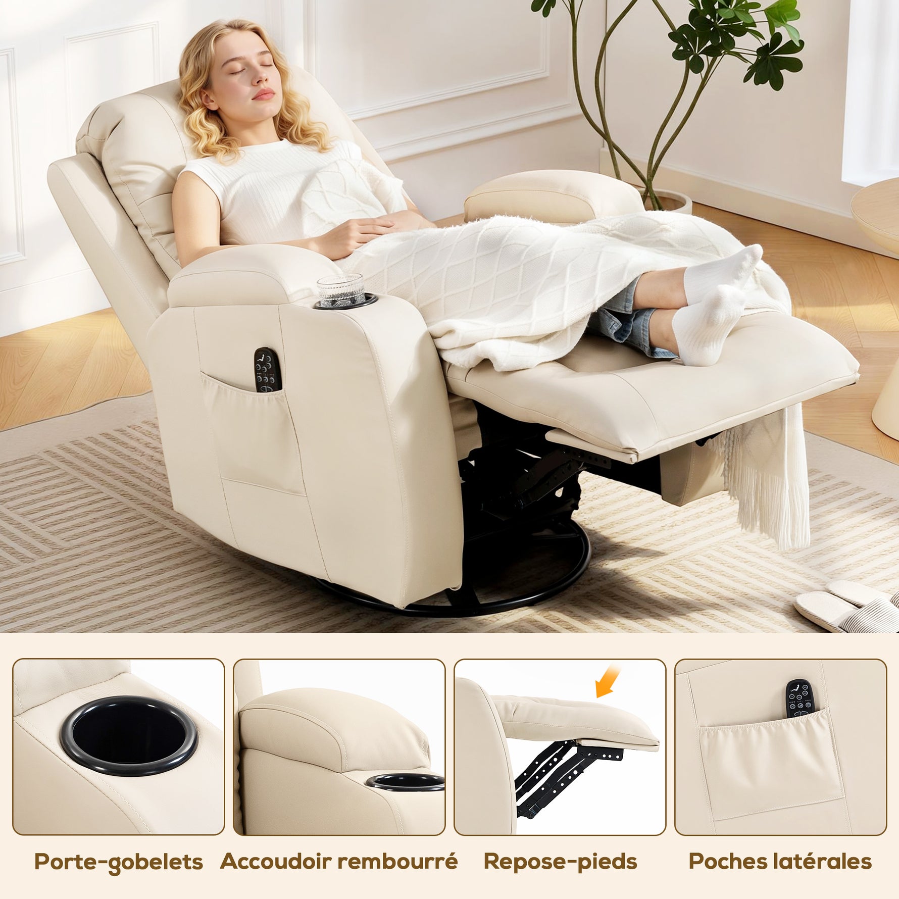 Fauteuil inclinable de massage et chauffage, fauteuil de relaxation, dossier réglable, pivotant 360°, 82x99x103cm, crème