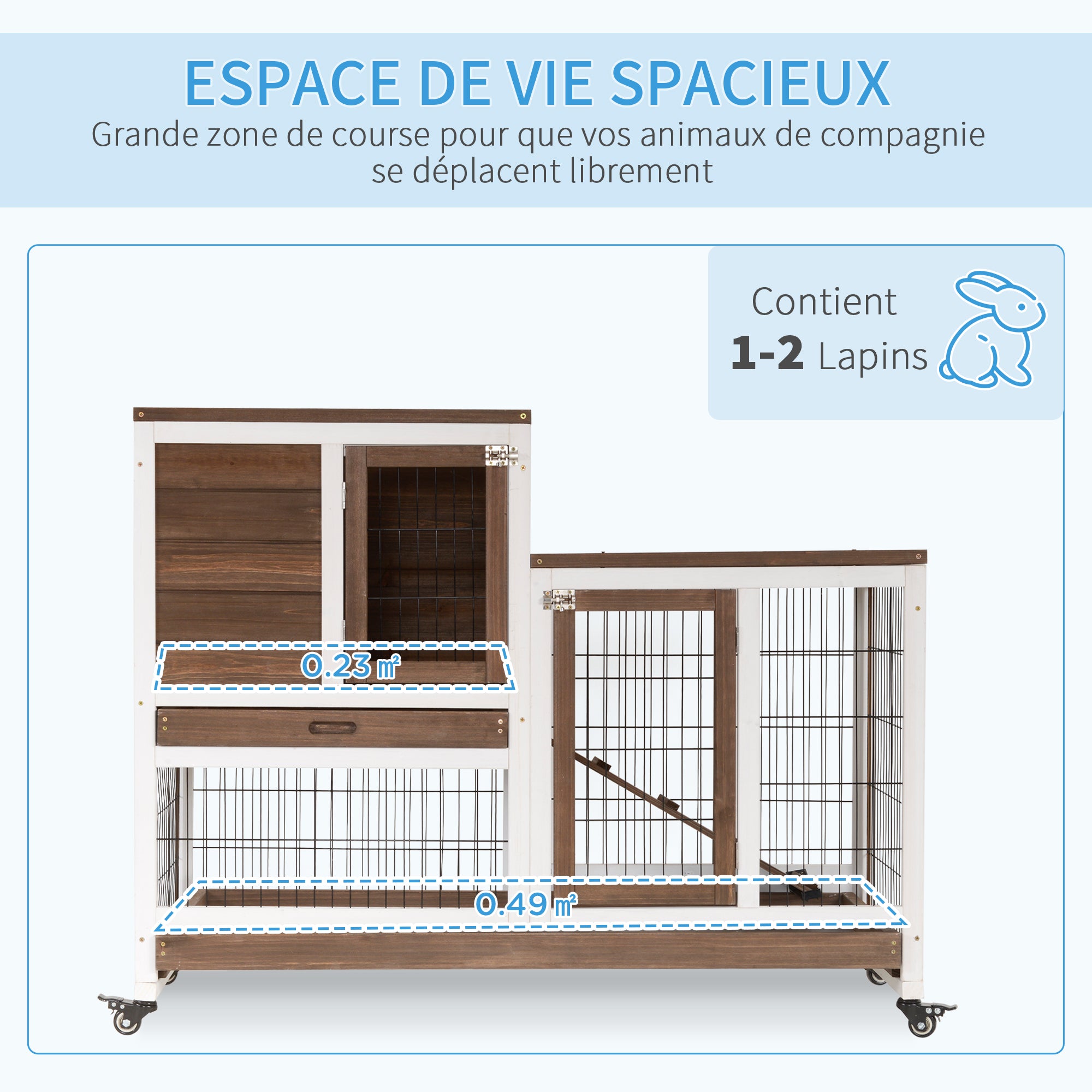 Clapier à lapin sur roulettes cage à lapin 2 étages 2 portes verrouillables 2 plateaux coulissants rampe