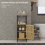 Meuble bas de salle de bain en bambou avec placard 1 porte niche ouverte 32 x 30 x 90,5 cm, noir et bois