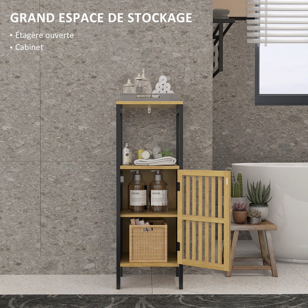 Meuble bas de salle de bain en bambou avec placard 1 porte niche ouverte 32 x 30 x 90,5 cm, noir et bois