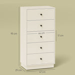 Commode 5 tiroirs, meuble de rangement haut et étroit, style moderne pour chambre à coucher, salon - 47x29x95cm, crème