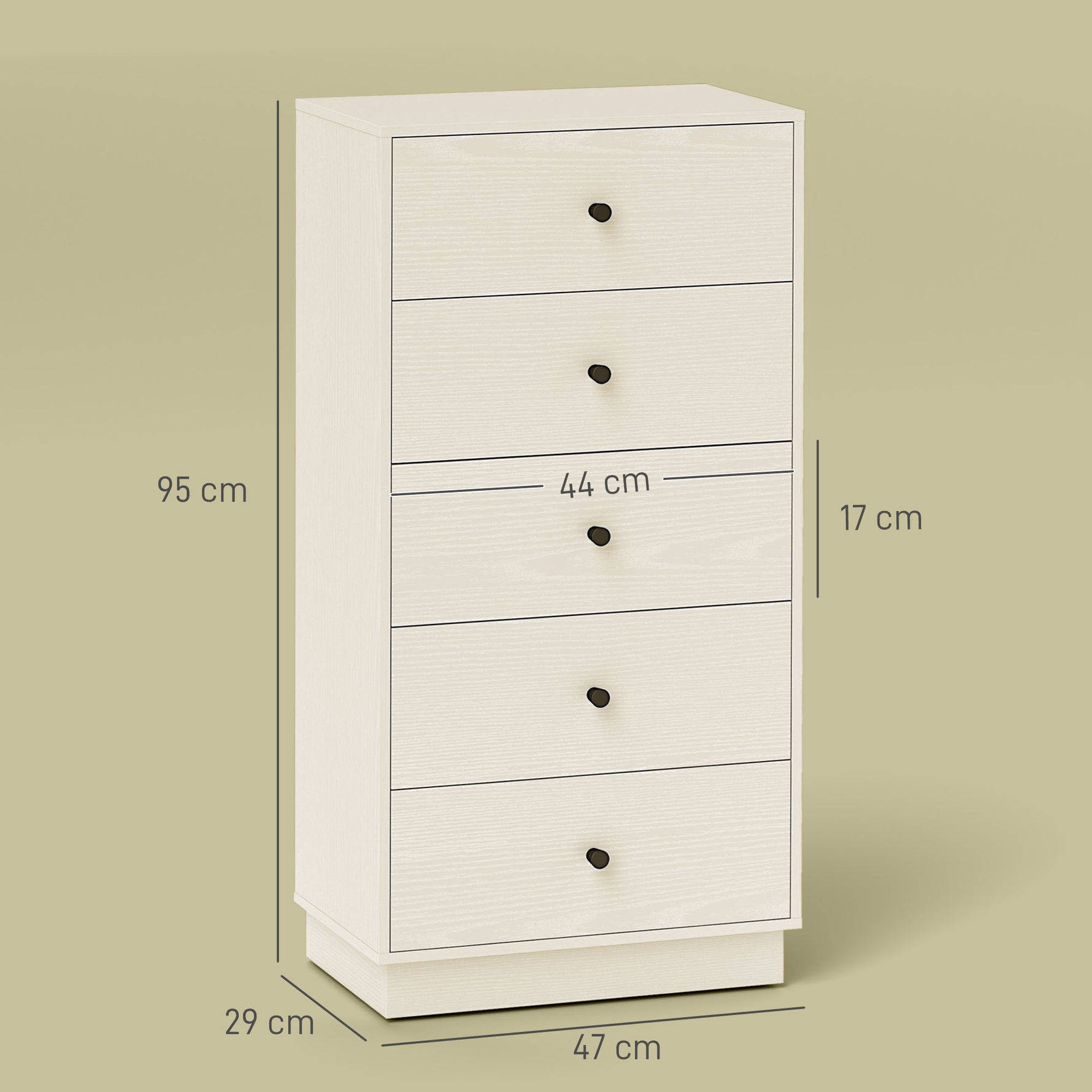 Commode 5 tiroirs, meuble de rangement haut et étroit, style moderne pour chambre à coucher, salon - 47x29x95cm, crème