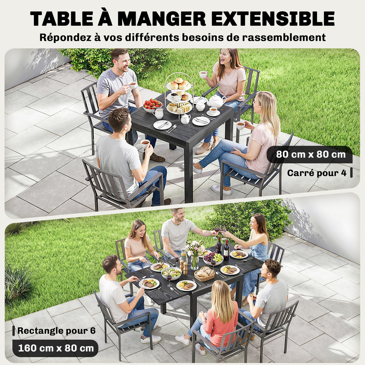 Table de jardin extensible pour 4-6 personnes avec rallonge auto-stockée aluminium avec effet bois 80-160 x 80 cm noir