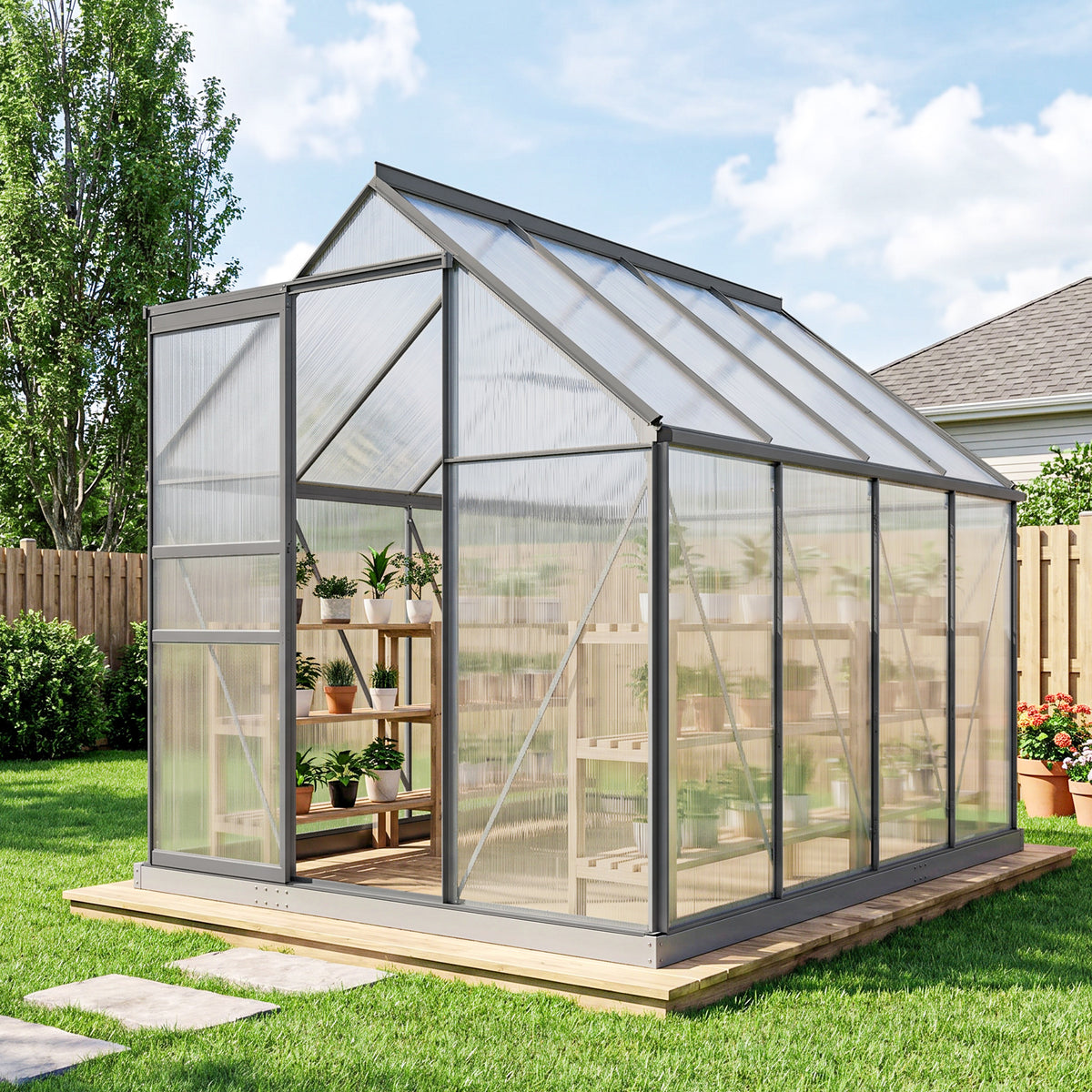 Serre de jardin en polycarbonate 4,8 m²avec fondation, lucarne réglable, porte coulissante 1,9x2,53x1,99m transparent