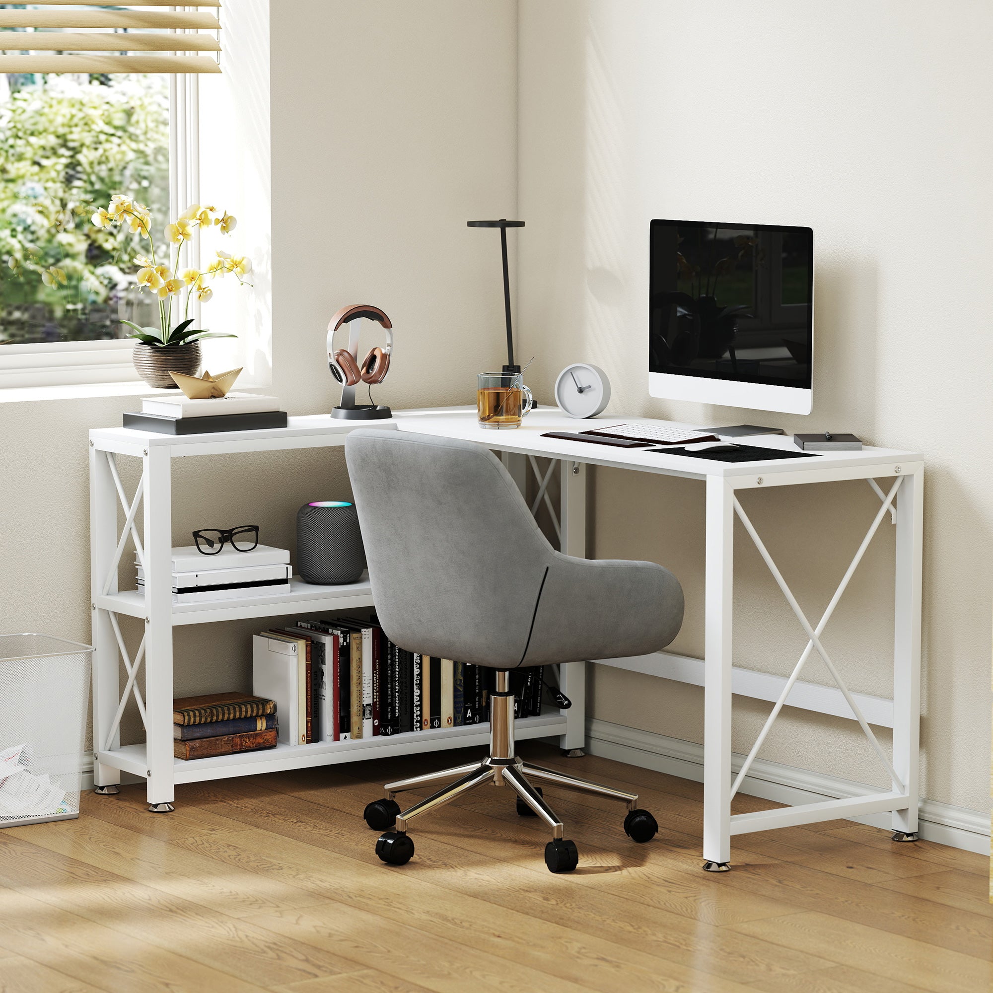 Bureau d'angle modulable réversible, bureau avec rangement, étagère de rangement, cadre en métal, 135x110x75cm, blanc