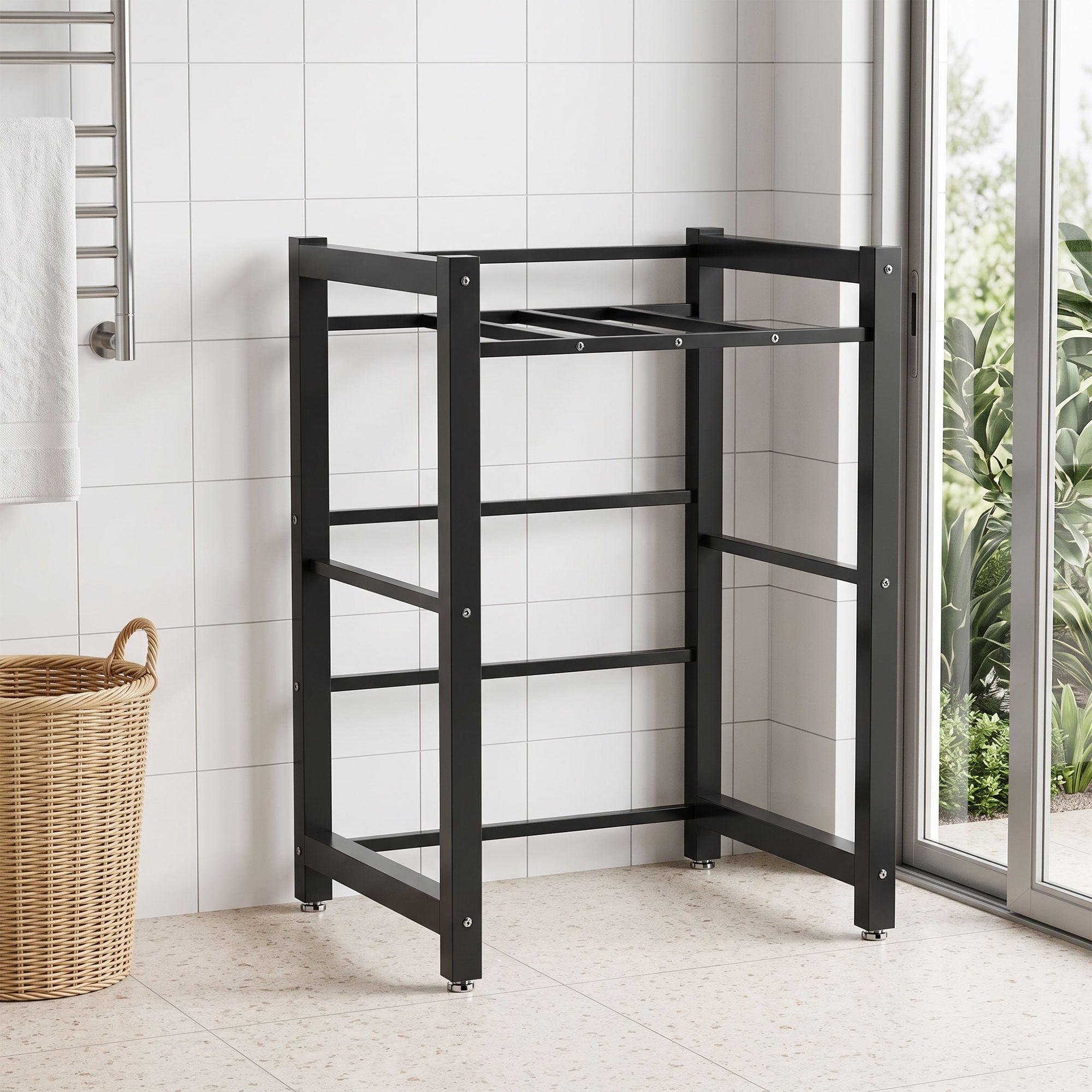 Support de superposition lave-linge/sèche-linge, 300 kg, avec pieds réglables et barre de séchage, noir