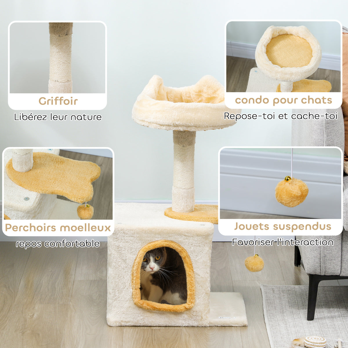 Arbre à Chat 72 cm, Perchoir Doux, Plateforme en Forme de Poisson, Niche en Peluche, Poteaux en Sisal, Balle, Beige
