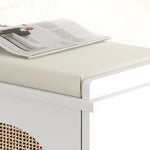 Banc à chaussures, banc de rangement, assise rembourrée, tiroir rabattable, porte en rotin, 80 x 26 x 47,5 cm, blanc