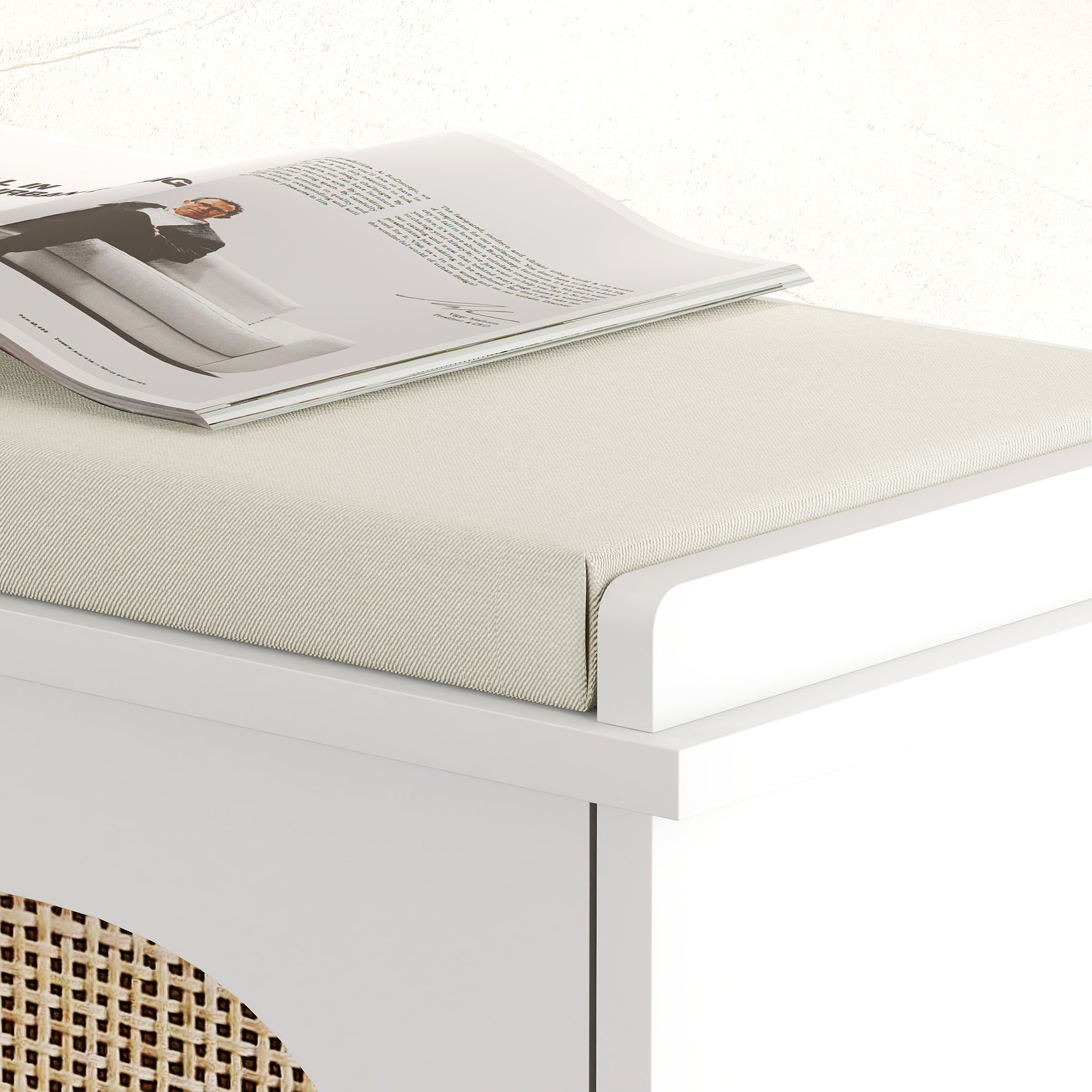 Banc à chaussures, banc de rangement, assise rembourrée, tiroir rabattable, porte en rotin, 80 x 26 x 47,5 cm, blanc