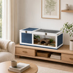 Solid wood small animal enclosure cage habitat for tortoises with 2 spaces 91 x 60.5 x 32 cm blue