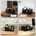 Boite de Rangement de Bureau - Organiseur de Bureau - 7 Compartiments, 2 tiroirs - Bambou Verni Noir
